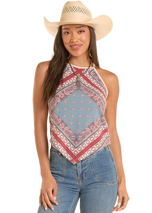 Women's Rock & Roll Denim Bandana Print Tank in Light Navy