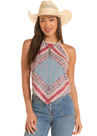 Women's Rock & Roll Denim Bandana Print Tank in Light Navy