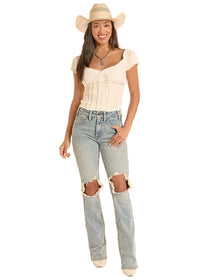 Rock & Roll Denim Women's Smocked Tie Top in Natural