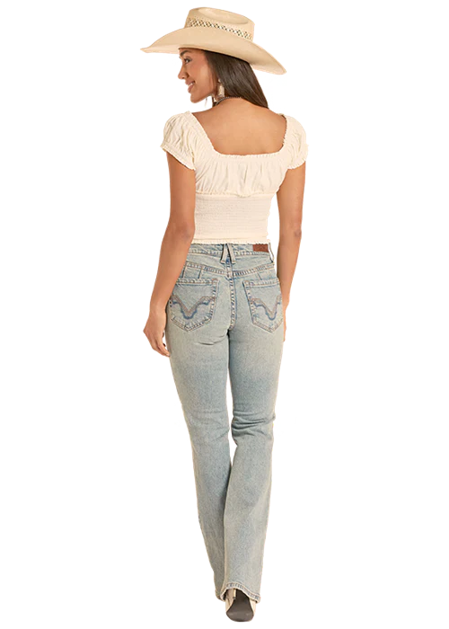 Rock & Roll Denim Women's Smocked Tie Top in Natural