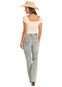 Rock & Roll Denim Women's Smocked Tie Top in Natural