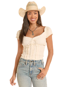 Rock & Roll Denim Women's Smocked Tie Top in Natural
