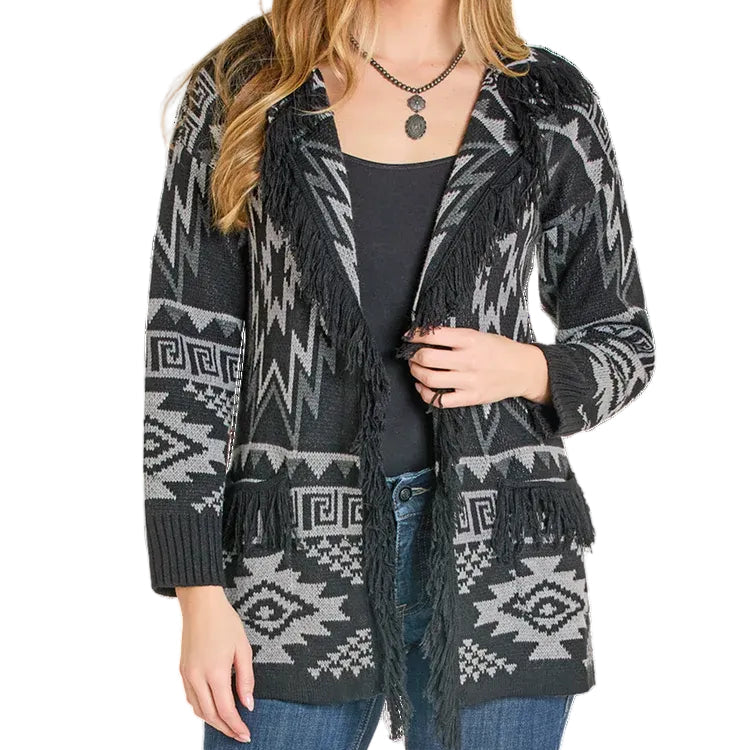 Rock & Roll Denim by Panhandle Slim Women's Fringe Aztec Cardigan Sweater in Black
