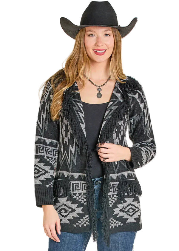 Rock & Roll Denim by Panhandle Slim Women's Fringe Aztec Cardigan Sweater in Black