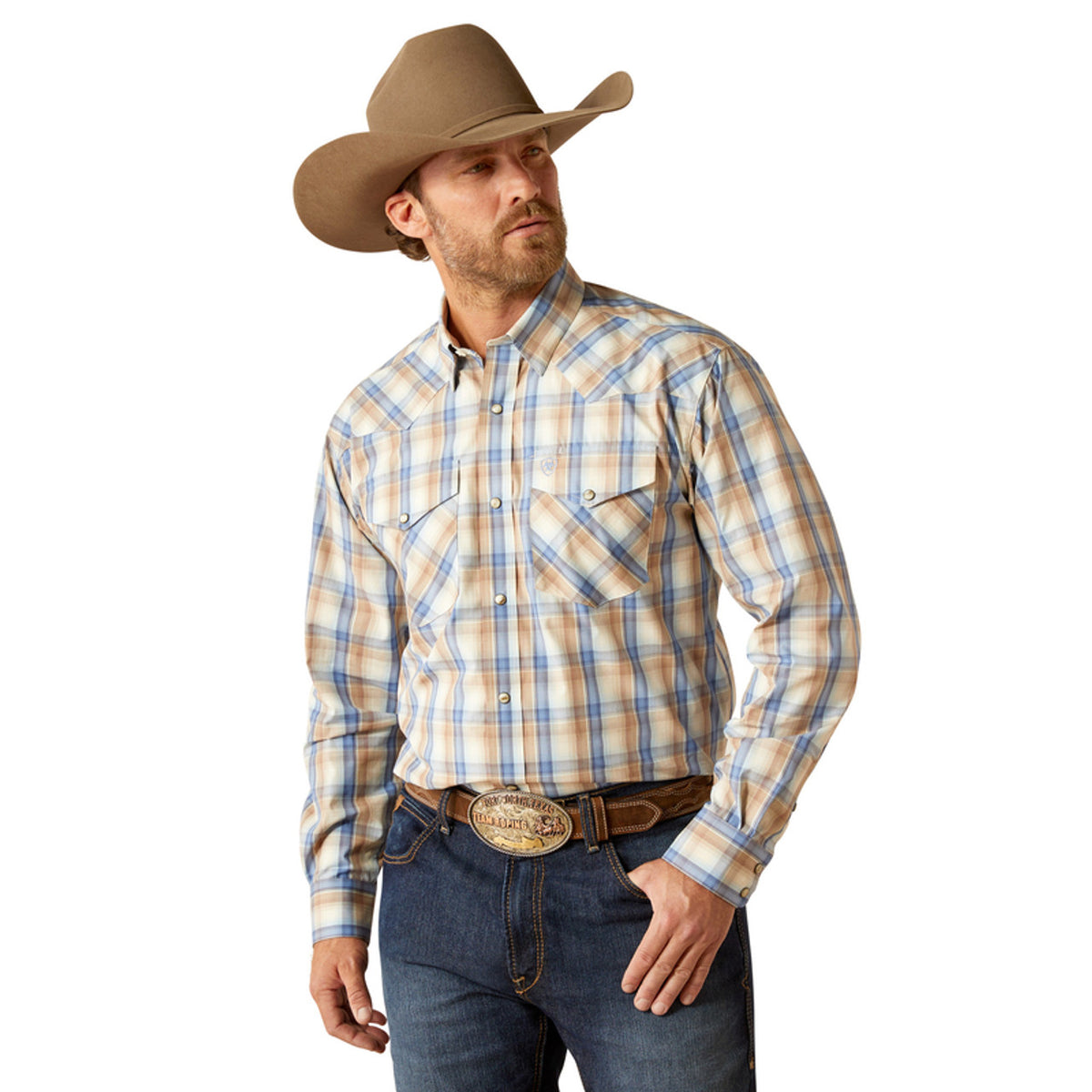 Ariat Men's Pro Series Clint L/S Classic Fit Western Snap Shirt in Khaki Blue Plaid