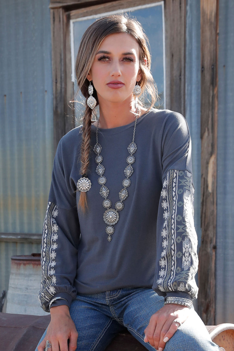Cruel Women's Southwestern Embroidered Lightweight Sweater in Charcoal