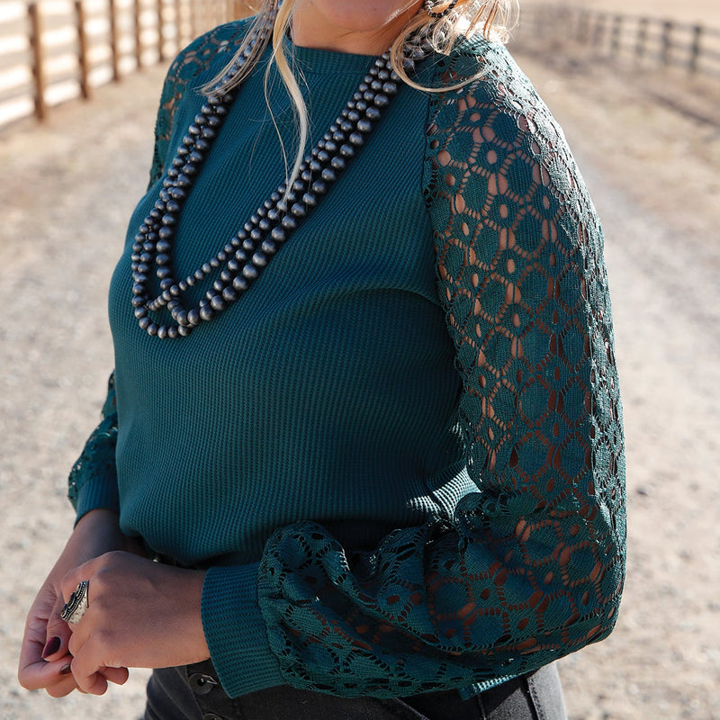 Cruel Women's L/S Waffle Knit Blouse in Forest Green