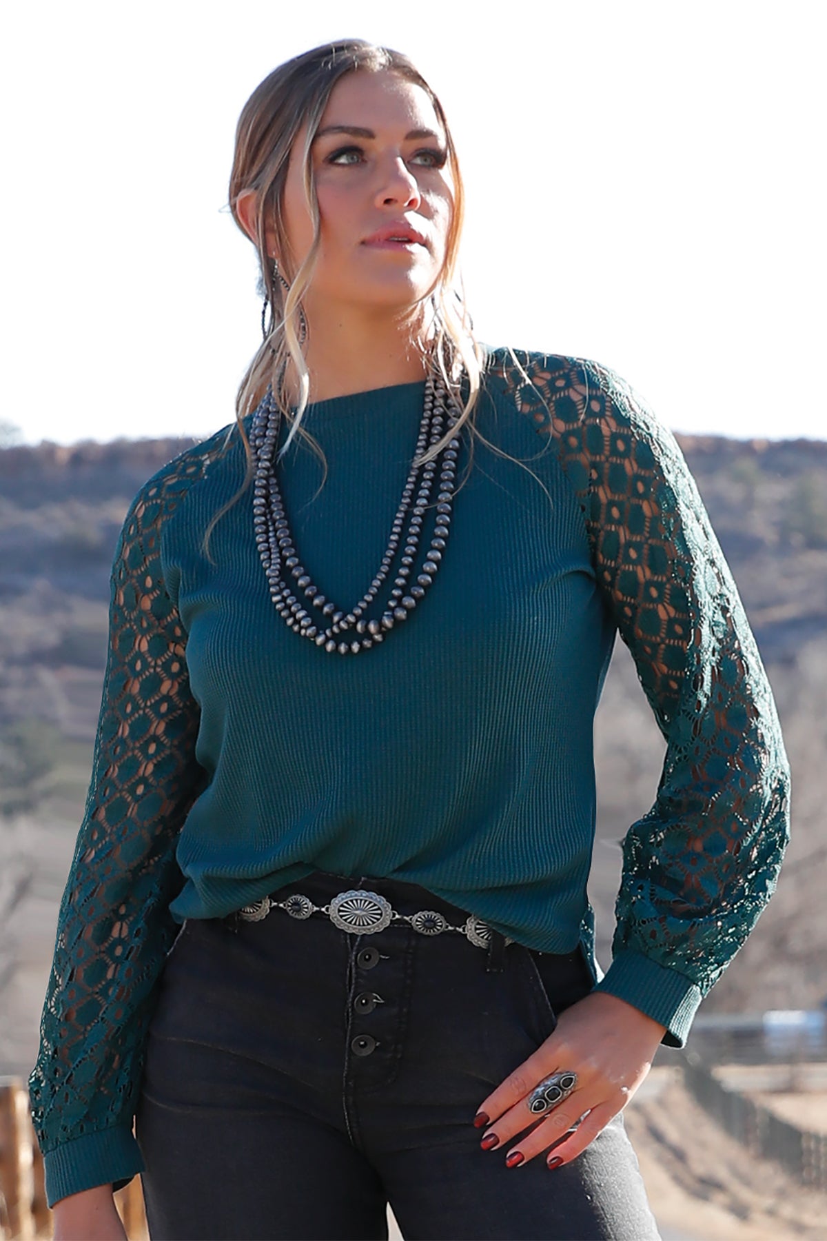 Cruel Women's L/S Waffle Knit Blouse in Forest Green