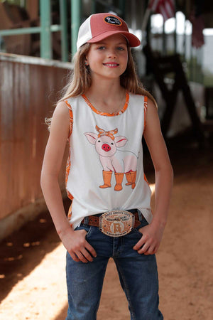 Cruel Girl's Youth Paisley Pig Tank in Orange & Cream