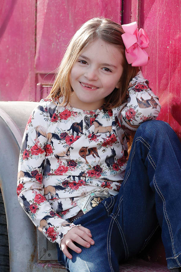 Cruel Girl's Youth L/S Henley Horse and Floral Print Blouse in White