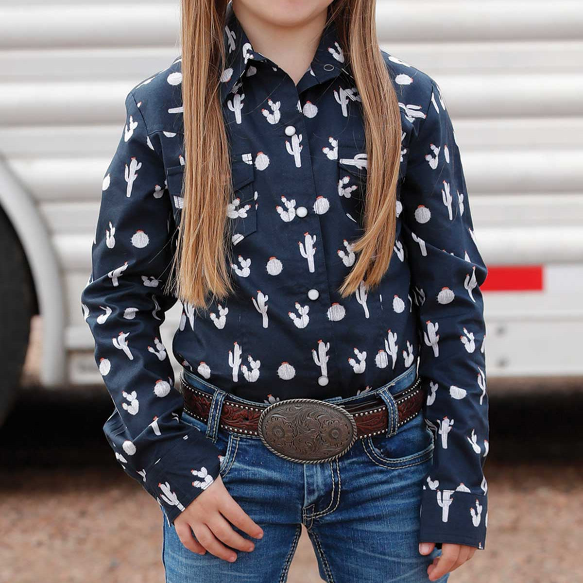 Cruel Girl's L/S Cactus Print Western Snap Shirt in Navy