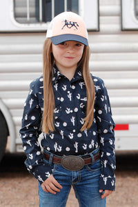 Cruel Girl's L/S Cactus Print Western Snap Shirt in Navy