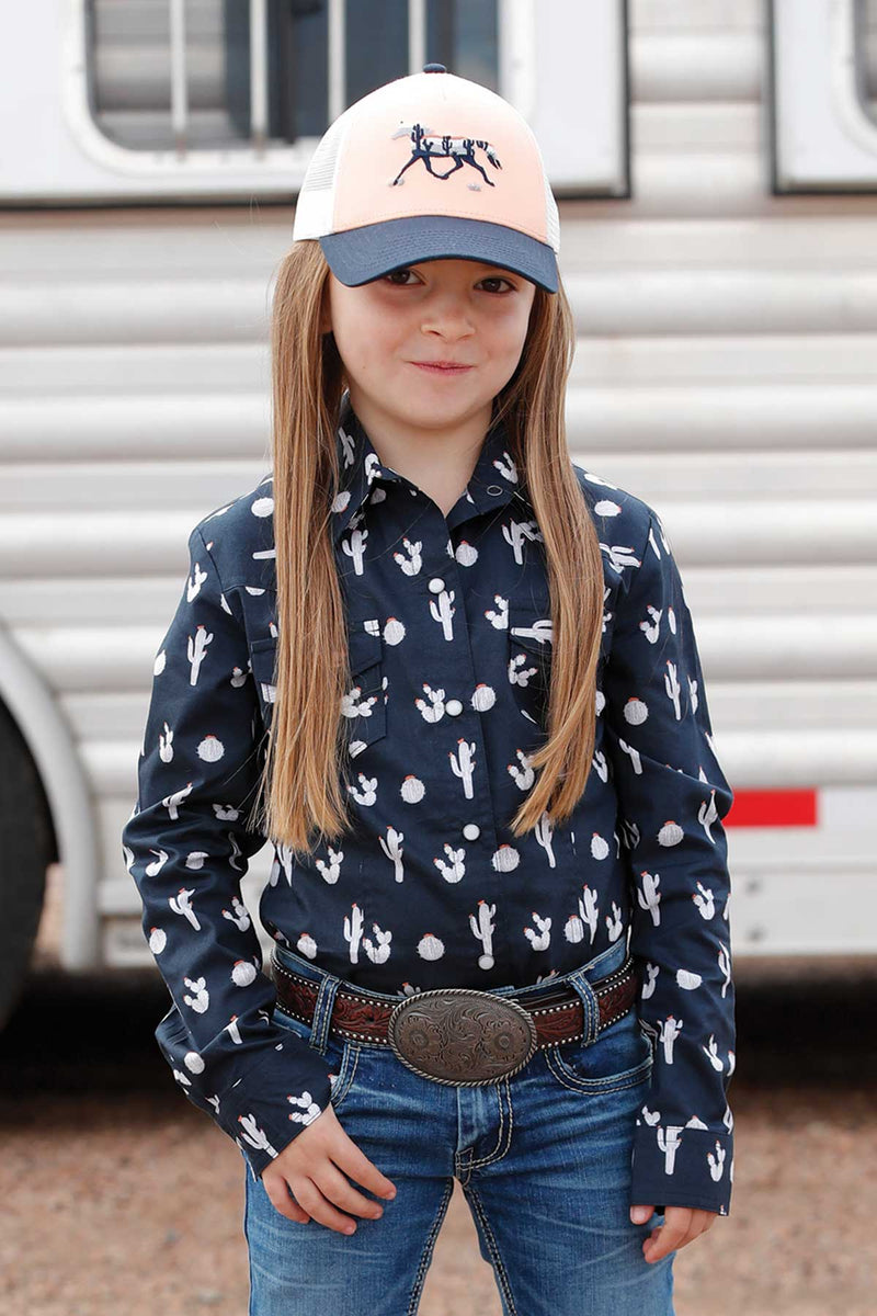 Cruel Girl's L/S Cactus Print Western Snap Shirt in Navy