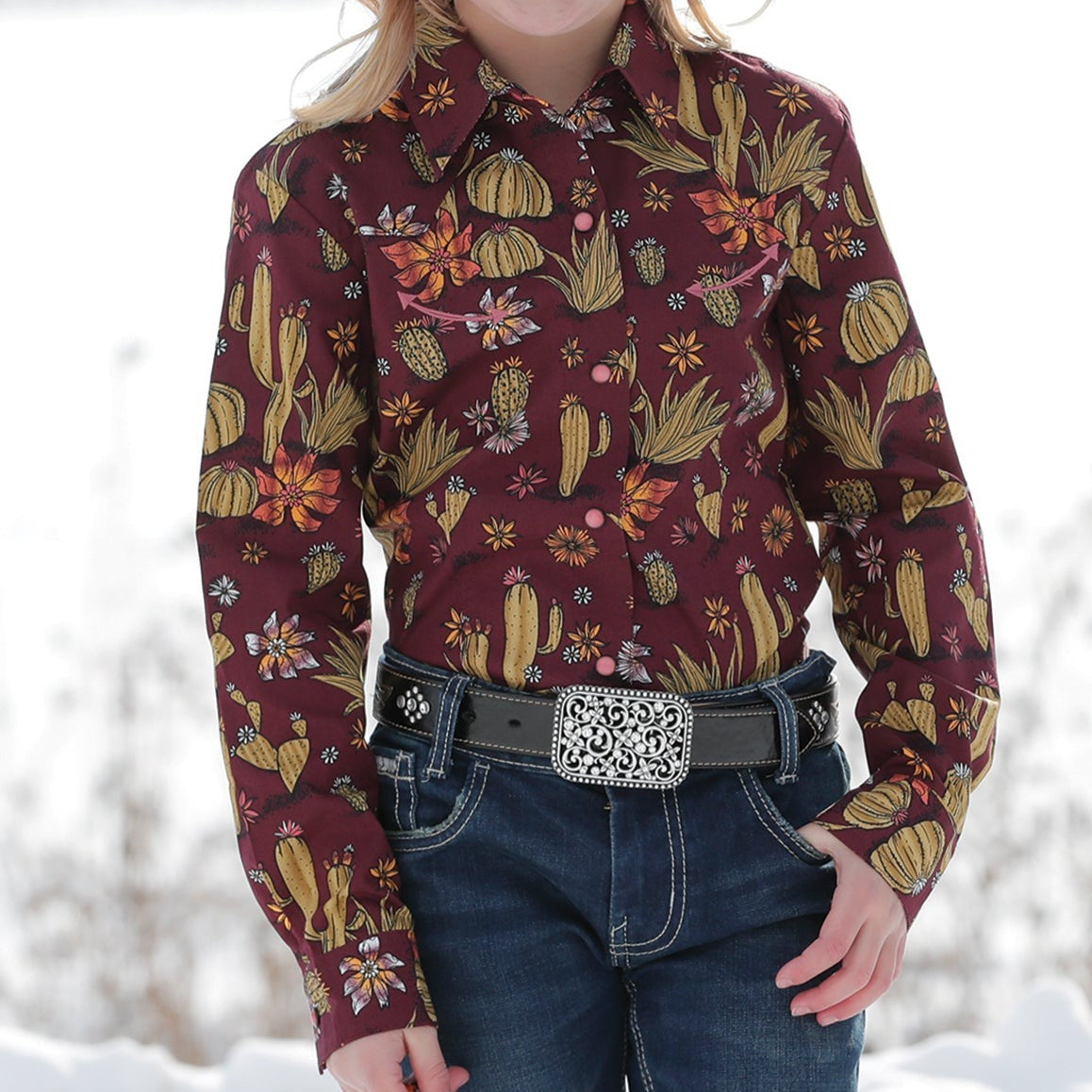 Cruel Girl's Cacti Long Sleeve Western Snap Shirt in Maroon