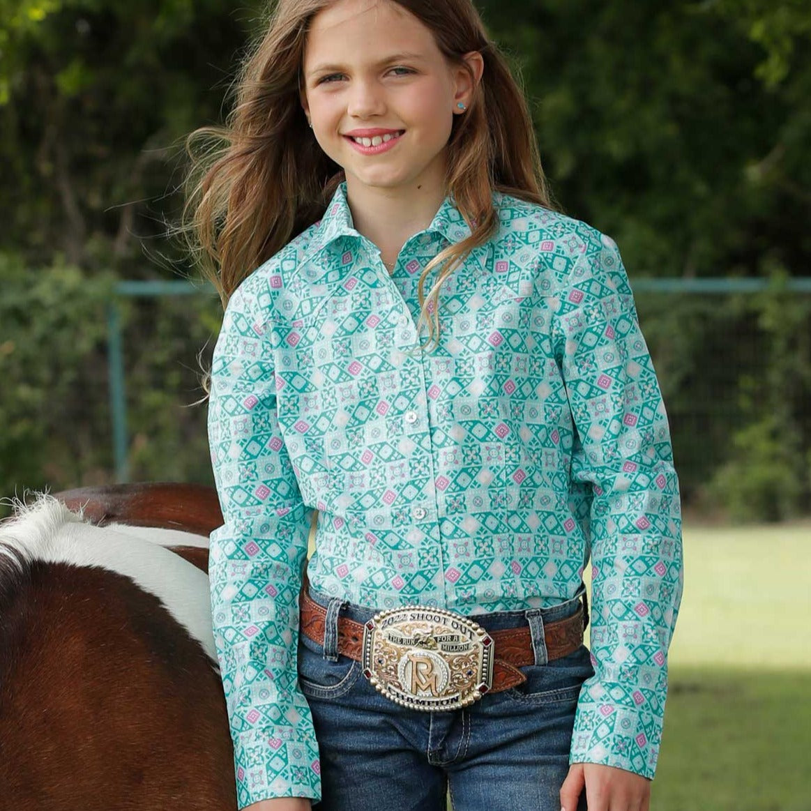 Cruel Girl's L/S Floral Geometric Western Button Down Shirt in Turquoise