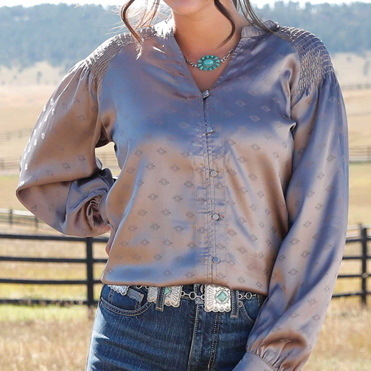 Cruel Women's Satin L/S Western Print Button Down Shirt in Silver