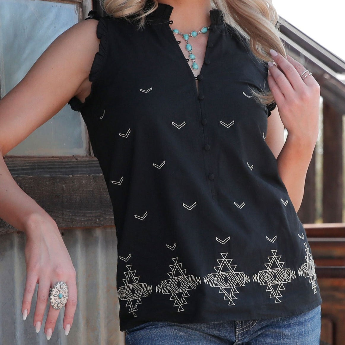 Cruel Women's Aztec Embroidered Sleeveless Blouse in Black