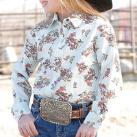 Cruel Girl's L/S Cowboy Print Western Snap Shirt in Light Blue