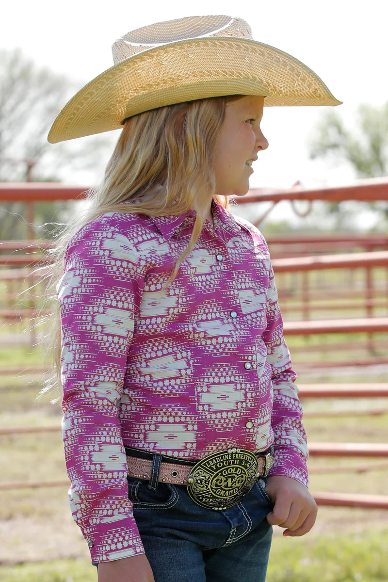 Cruel Girl's L/S Aztec Print Western Snap Shirt in Pink