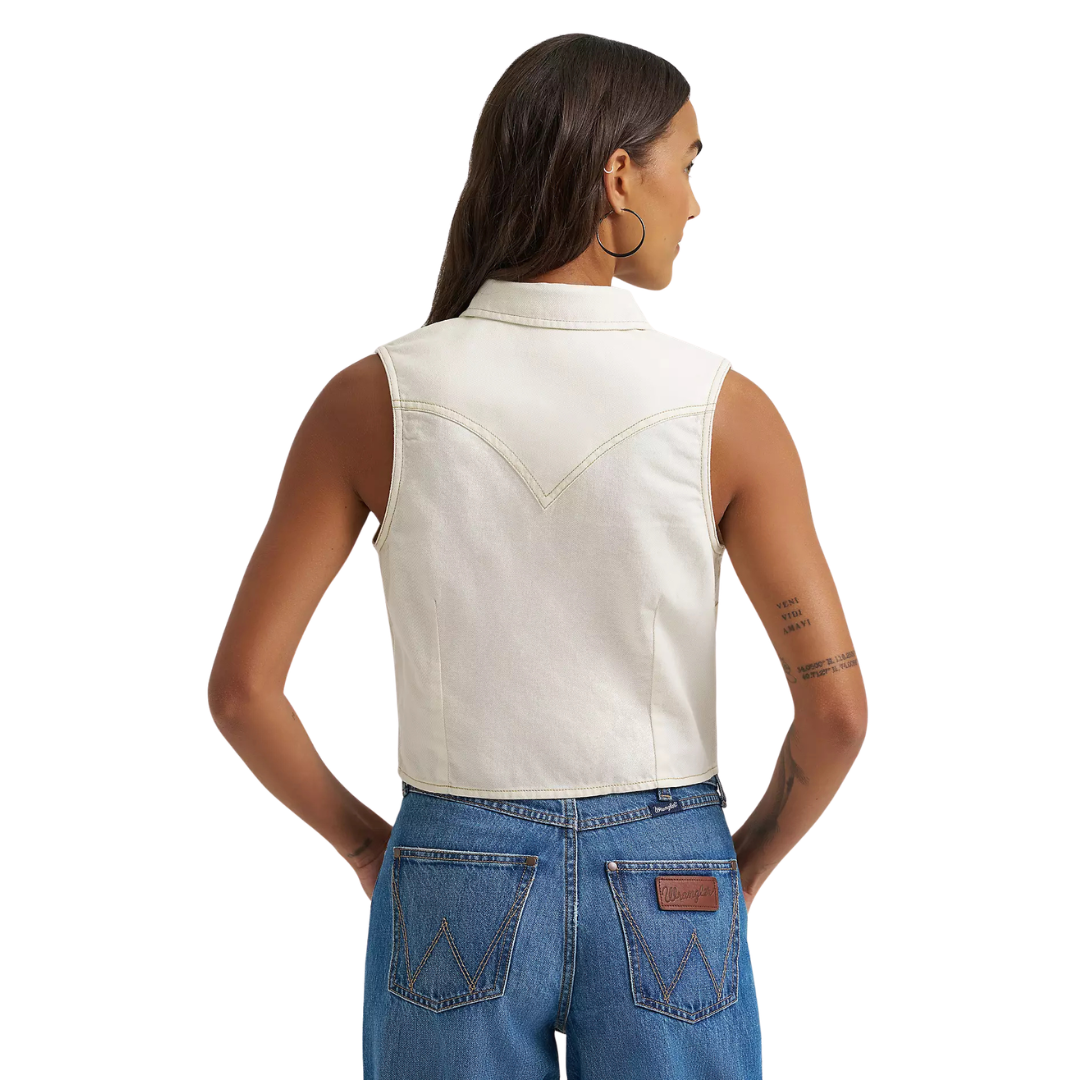 Wrangler Retro Women's Sleeveless Denim Snap Shirt in White