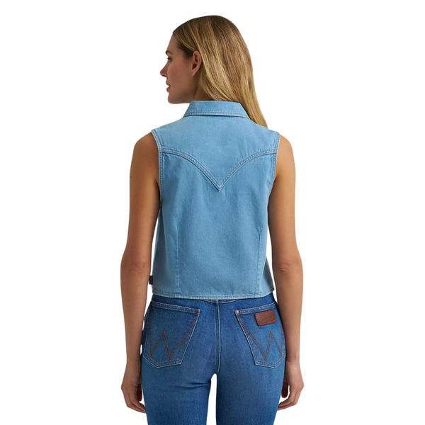 Wrangler Retro Women's Saddle Embroidered Denim Sleeveless Snap Shirt in Light Denim