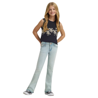 Wrangler x Lainey Wilson Girl's Raw Hem Boot Hugger Jean in Bleach Blue Wash