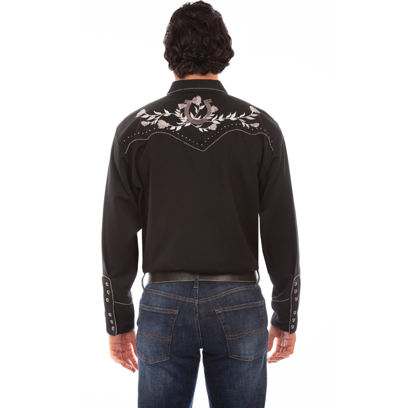 Scully Men's Horseshoe Roses Embroidered Western Snap Shirt in Black