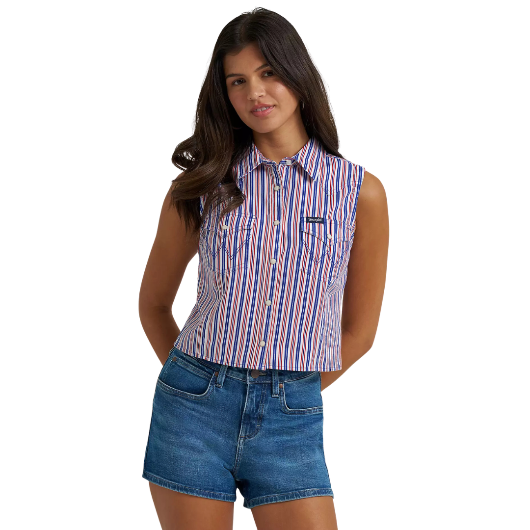 Wrangler Retro Women's Striped Sleeveless Snap Shirt in Blue Stripe