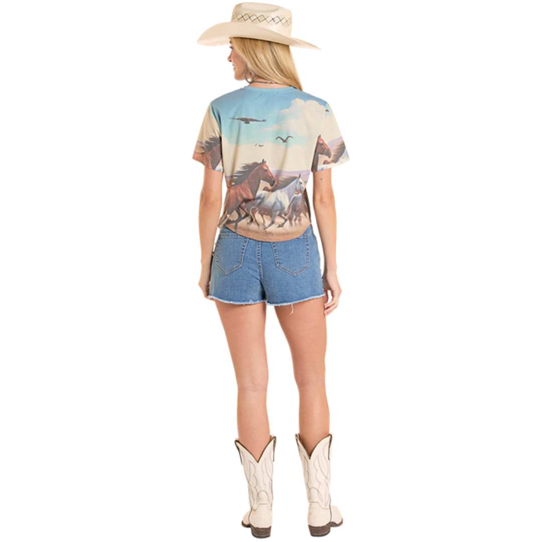 Women's Rock & Roll Denim Scenery Print Graphic Tee in Powder Blue