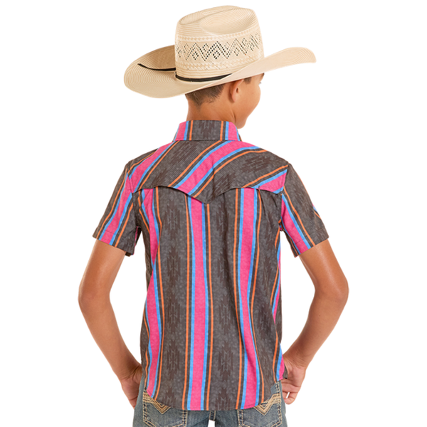 Rock & Roll Denim Boy's S/S TEK Western Pearl Snap Shirt in Ripstop Stripes