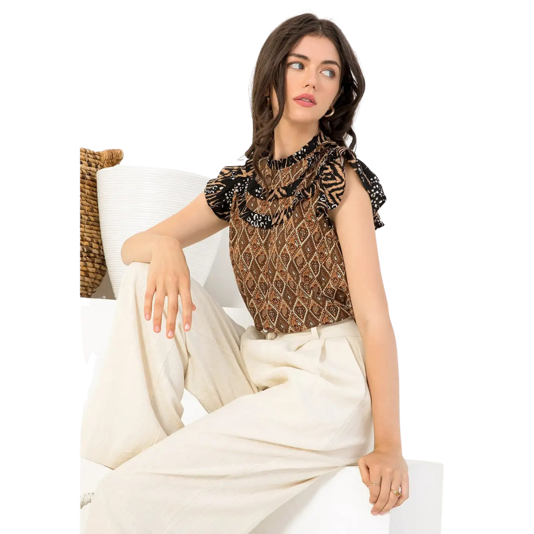 Women's High Neck Paisley Ruffle Sleeve Top in Brown