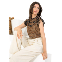Women's High Neck Paisley Ruffle Sleeve Top in Brown
