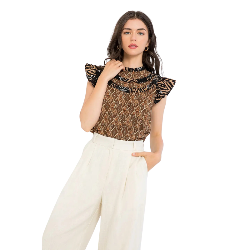 Women's High Neck Paisley Ruffle Sleeve Top in Brown