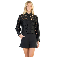 Women's Eyelet Long Sleeve Top in Black