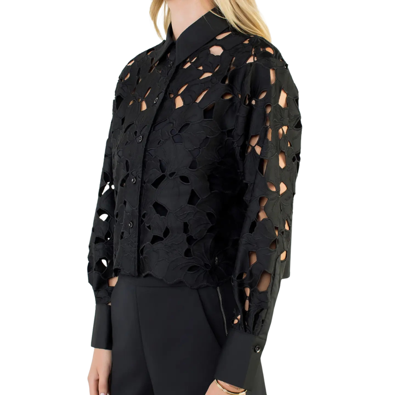 Women's Eyelet Long Sleeve Top in Black