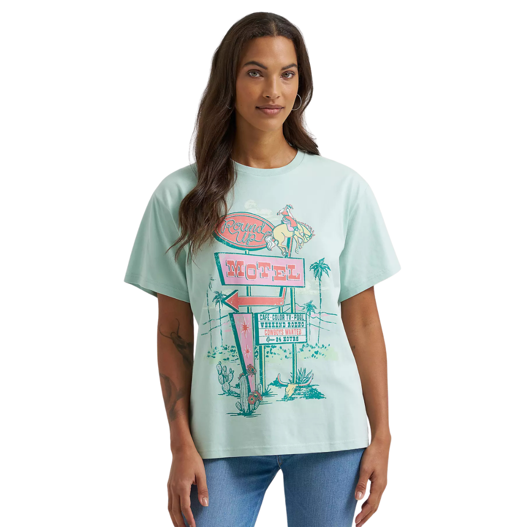 Wrangler Retro Women's S/S Round Up Motel Graphic Tee in Lichen Heather