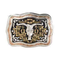 Crumrine Longhorn Skull Rectangle Belt Buckle
