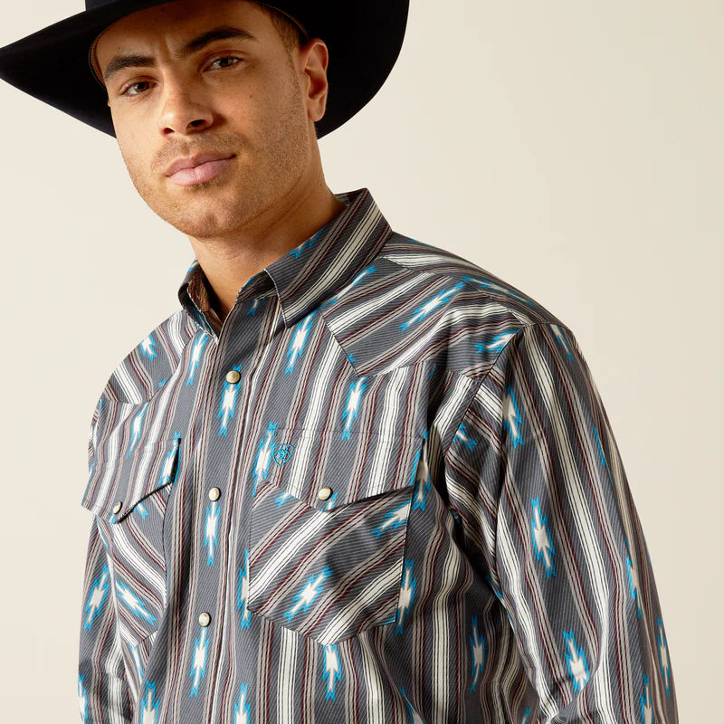 Ariat Men's Rocky L/S Classic Fit Western Snap Shirt in Grey Southwest Stripe