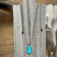 Navajo Handmade Sterling Silver Large Teardrop Kingman Turquoise Stone Necklace