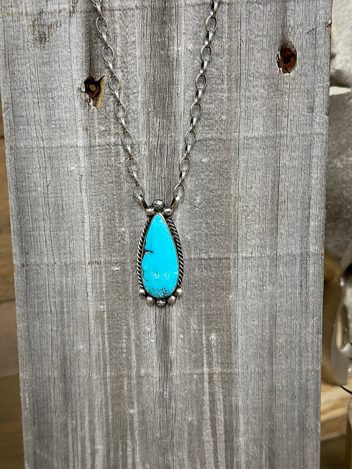 Navajo Handmade Sterling Silver Large Teardrop Kingman Turquoise Stone Necklace