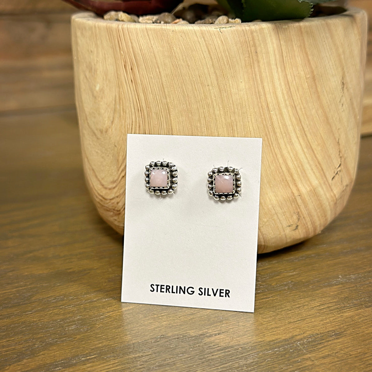 Handmade Sterling Silver Square Pink Opal Stud Earrings