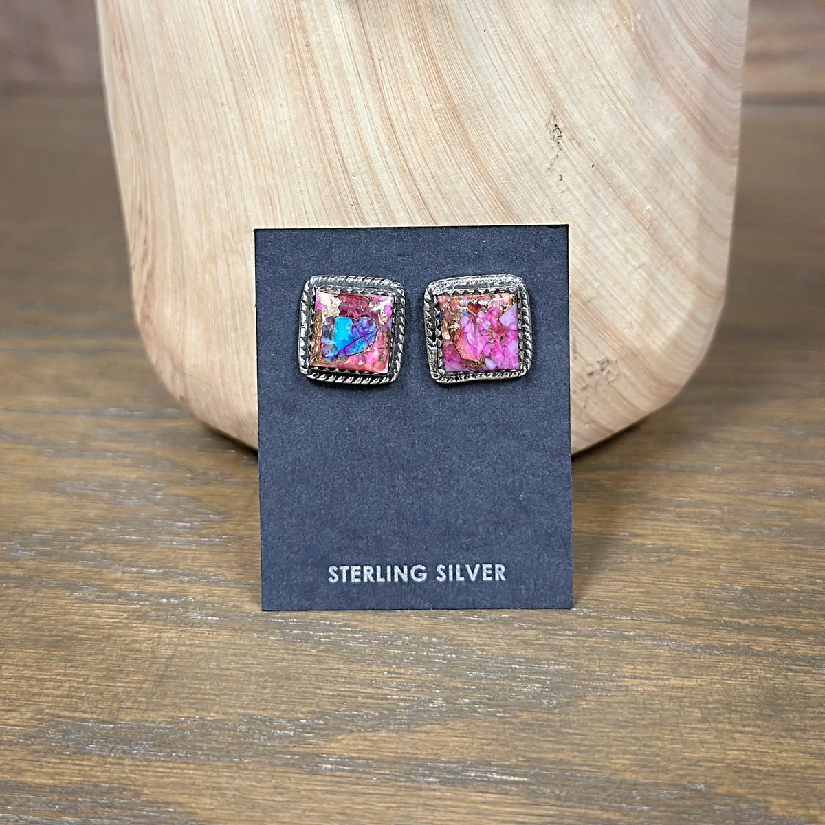 Handmade Sterling Silver Square Pink Dahlia Turquoise Stone Stud Earrings