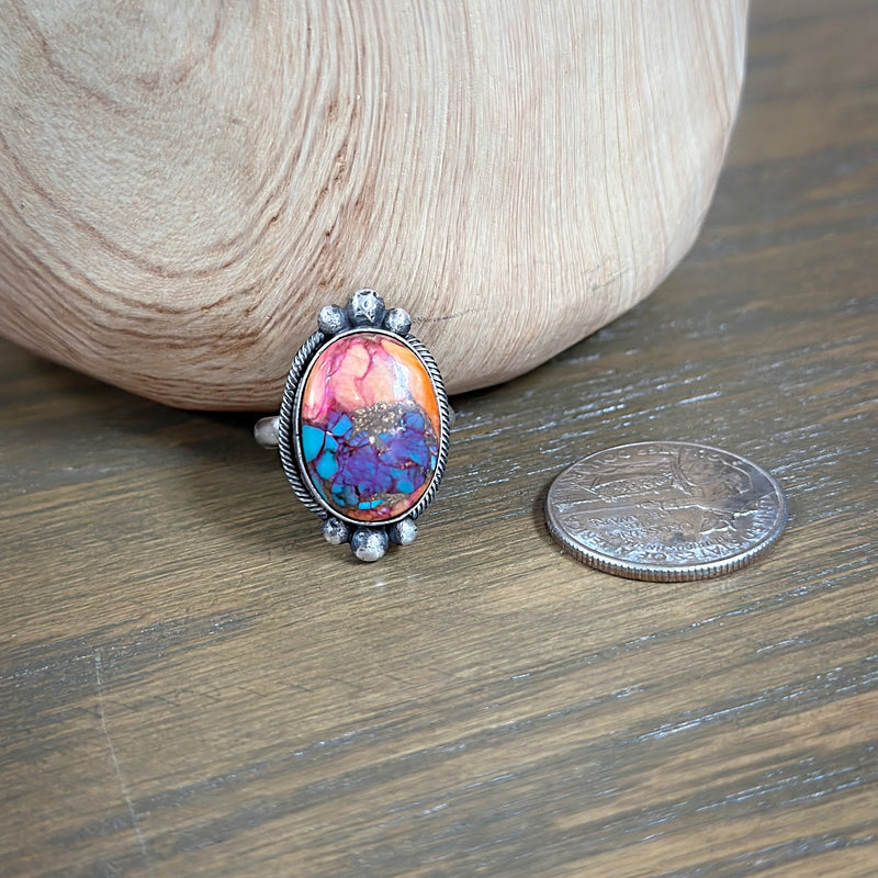 Navajo Handmade Sterling Silver Pink Dahlia Turquoise Ring (Size 7)