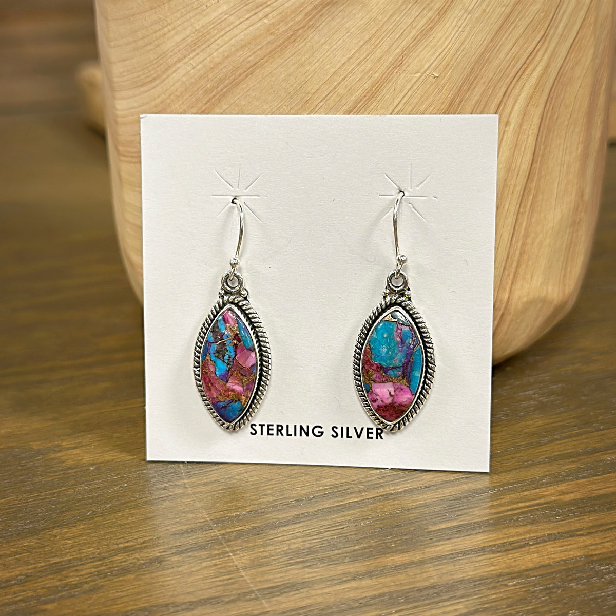 Handmade Sterling Silver Marquise Pink Dahlia Turquoise Stone Earrings