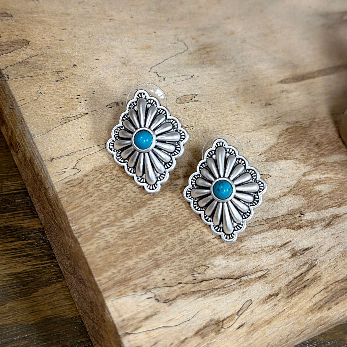 Turquoise Diamond Silver Concho Stud Earrings