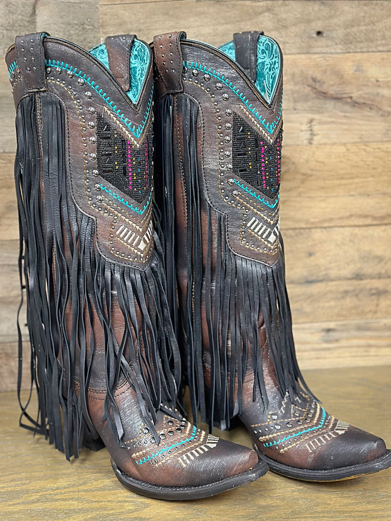 Corral Women's Black Embroidered Lamb Fringe Western Boot