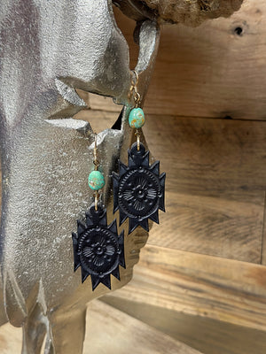 J Forks Stamped Leather Aztec Earrings (Multiple Colors Available)