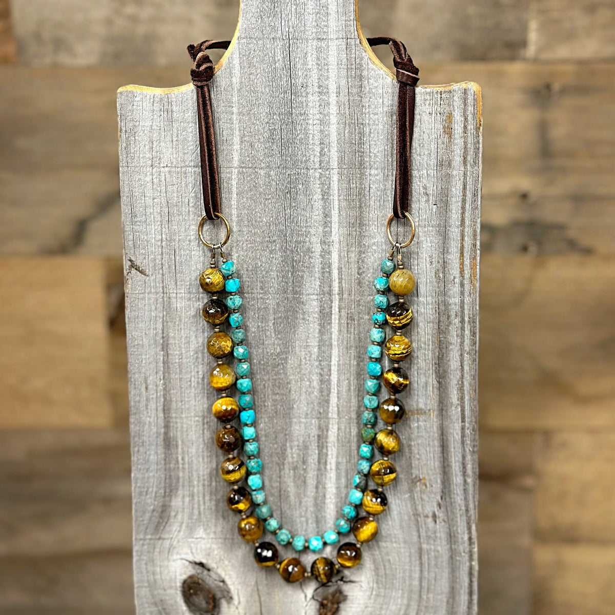 J Forks Tigers Eye & Turquoise Leather Back Necklace