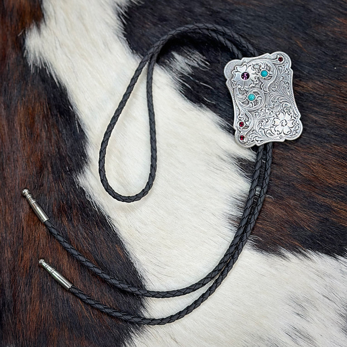 Rectangle Floral Scroll Bolo Tie with Stones