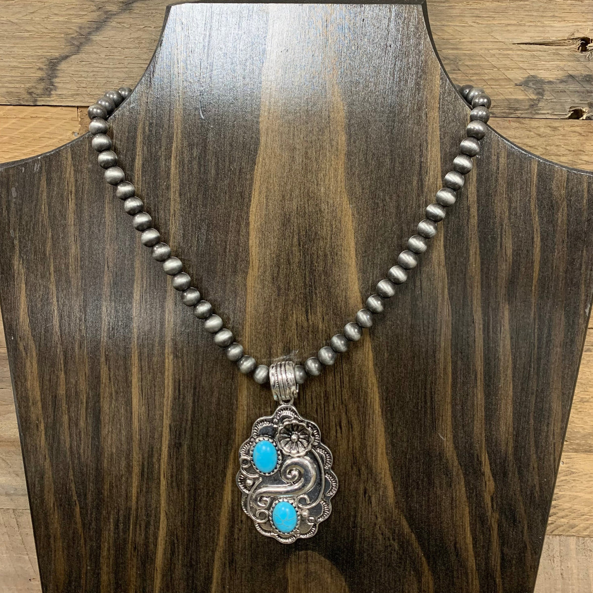 Western Sanderson Navajo Pearl and Turquoise Silver Tone Necklace